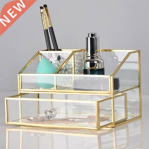 Brass Glass Cosmetic Organizer Box with Drawer Bathroom
