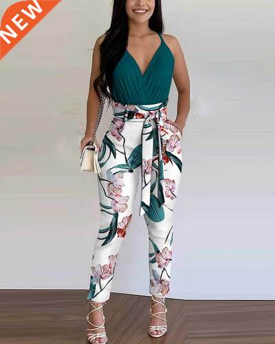 Summer Women 2 Pieces Plain Ruched Top & Floral Print Pa