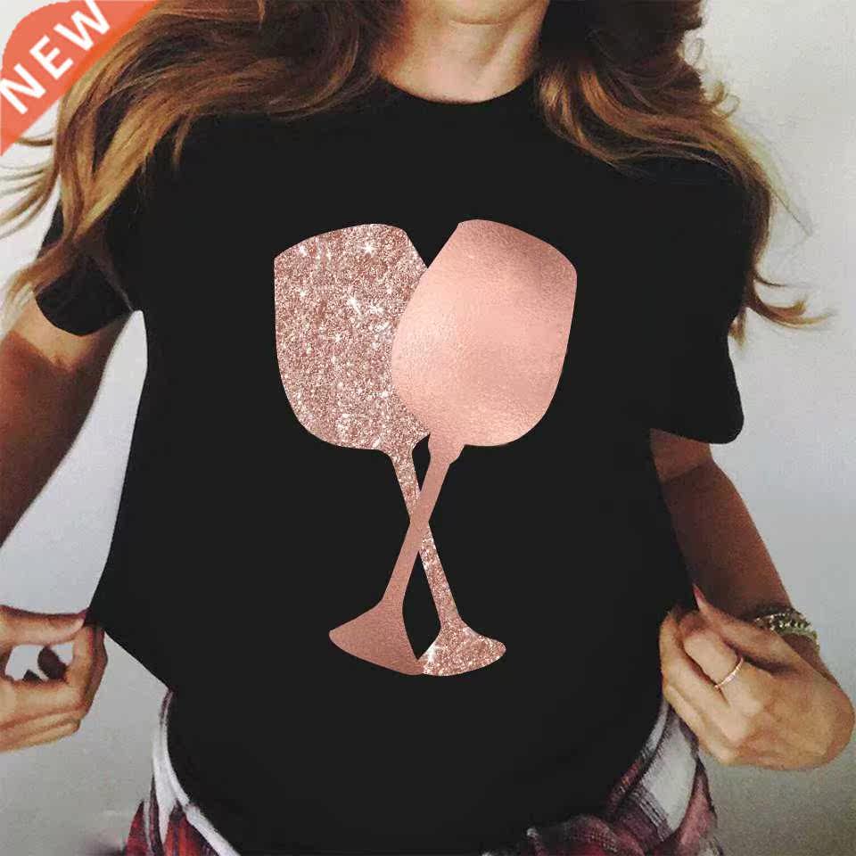 New Rose Gold Wine Glasses Tshirts Women Short-sleeve Tee Sh图片