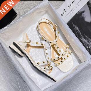 2022 Summer low heel women rivets sandals thin ribbon fashio