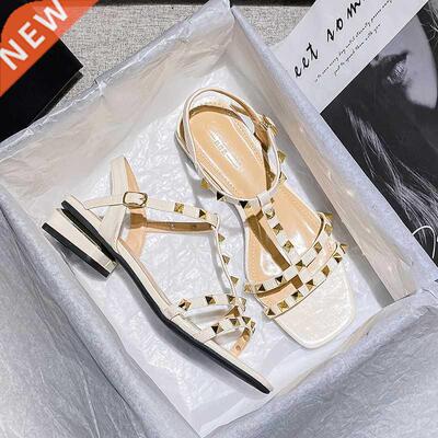 2022 Summer low heel women rivets sandals thin ribbon fashio