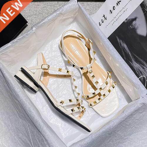 2022 Summer low heel women rivets sandals thin ribbon fashio