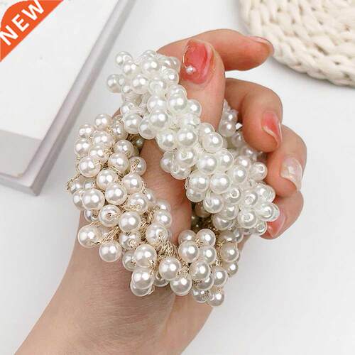 Luxury Big Elegant White Pearl Hair Ties Beads Girls Scrunch
