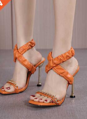 Ladies High Heels Pointed Toe Stiletto Pure Color Chain Ladi