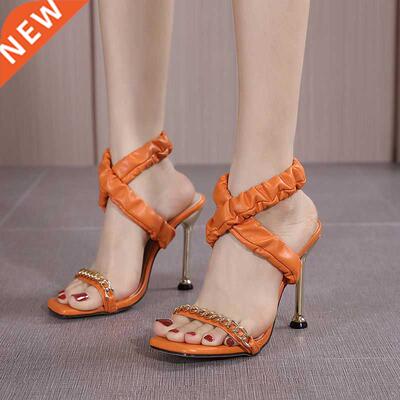 Ladies High Heels Pointed Toe Stiletto Pure Color Chain Ladi