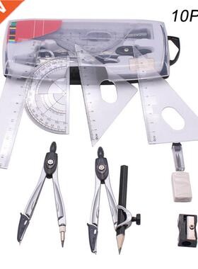 10pcs set Plastic+metal Geometry Protractor Drawing School E