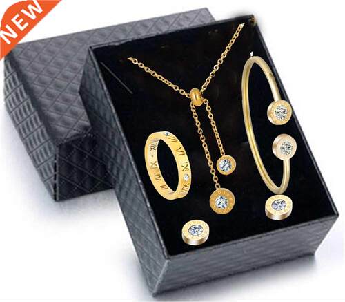 Crystal Zircon Necklace Earring Bracelet Ring Set For Women