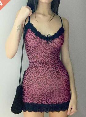 Animal Leopard Printed Mini Dress Summer Patchwork Lace Fril