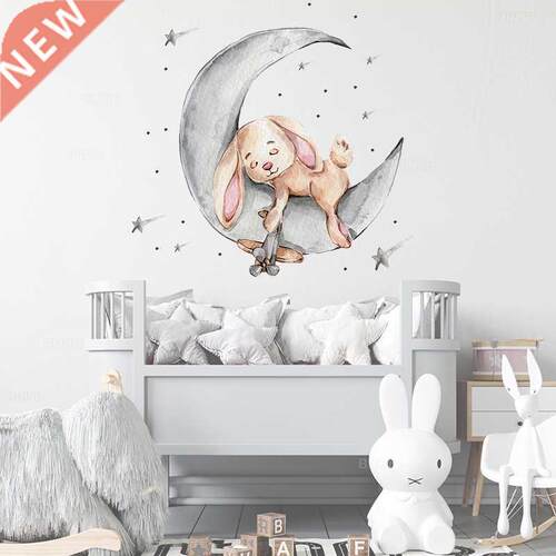 Cartoon Bunny Bear Sleeping on the Moon and Stars Wall Stick