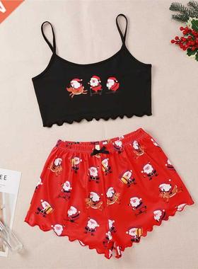hirigin Christms Print Pjms Women Sleeveless Cmis Short