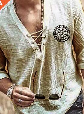 Plus Size Men's Tee Shirt Solid ops Pullover V Neck Lace-up