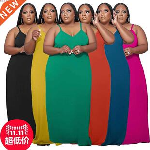 4xl plus size summer long ladies dress with halter大码吊带裙