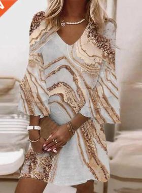 Faion Women Flare Sleeve Dress Casual Floral Print Patchwo