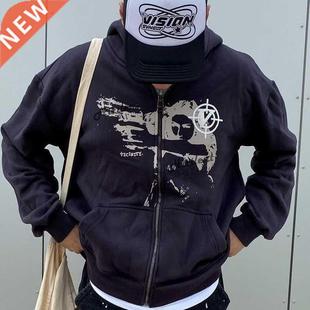 Anime print Gothic Sreetwear Long Sleeve Black Zip Hoodie Y2