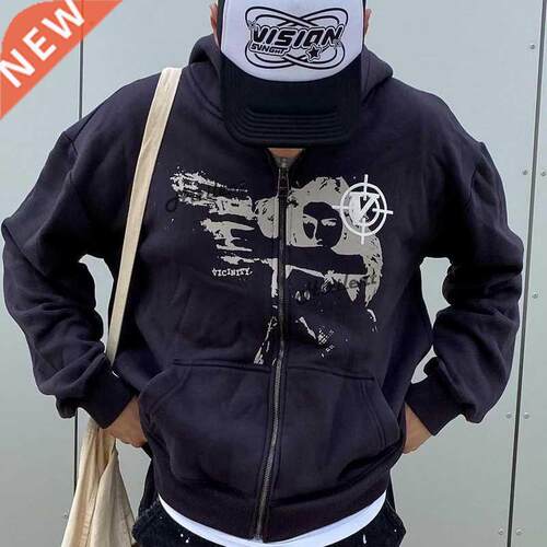 Anime print Gothic Sreetwear Long Sleeve Black Zip Hoodie Y2