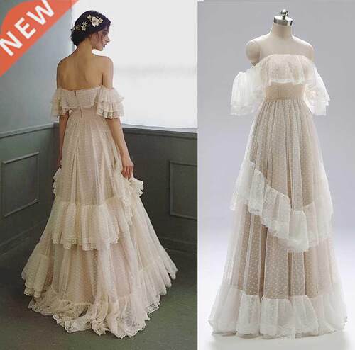 Off Shoulder Polka Dots Wedding Dress 2022 Tiered Lace Ruffl