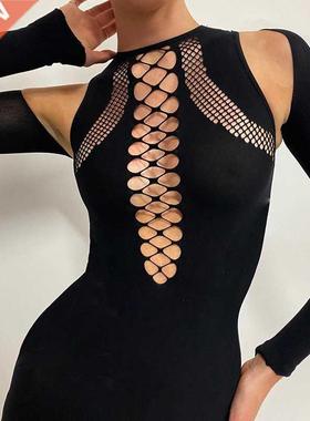 Women's solid color hollow off shoulder long sleeve dress