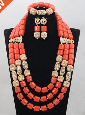 3 Layers African Artificial Coral Beads Necklace Earring Bra