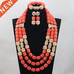 3 Layers African Artificial Coral Beads Necklace Earring Bra