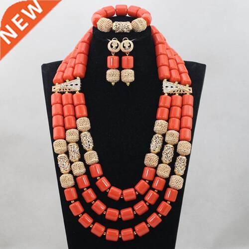 3 Layers African Artificial Coral Beads Necklace Earring Bra