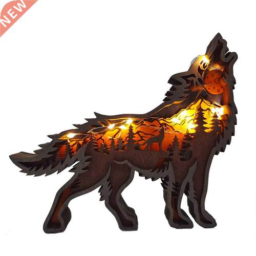 Christmas Decoration Wooden Hollowed Small Wolf LED Light Cu
