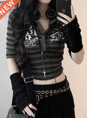 Goth Print Tops Stripe Cute Y2K T-Shirts Dark Academia Techw