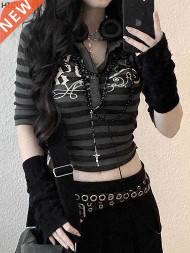 Goth Print Tops Stripe Cute Y2K T-Shirts Dark Academia Techw