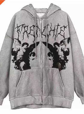 Plus Size Y2K Hoodie Zip-up Sweatshirt Angel Printing Jacket
