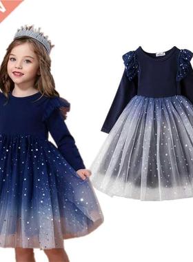 Fall Smocked Dress For Girls 3-8 Years Sequin Ruffle Long Sl