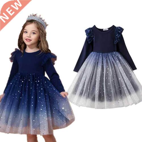 Fall Smocked Dress For Girls 3-8 Years Sequin Ruffle Long Sl