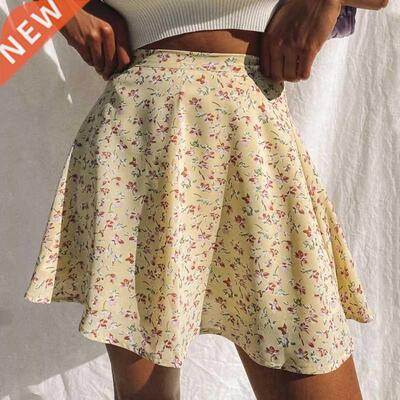 Summer new women's floral print skirt high waist umbrella mi