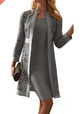 Women Outfit Solid Colo Lace Cadigan Long Sleeve Knee-leng