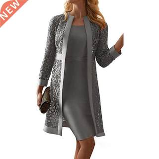 Women Outfit Solid Colo Lace Cadigan Long Sleeve Knee-leng