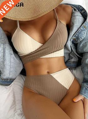 INGAGA High Waist Bikini Patchwork Swimwear Ribbed Women's S