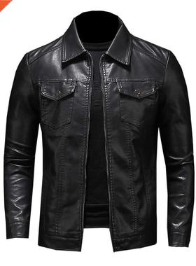 Men's motorcycle leather jacket large size pocket black zipp