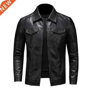 Men's motorcycle leather jacket large size pocket black zipp