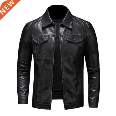 Men's motorcycle leather jacket large size pocket black zipp