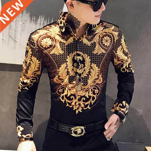 Casual Blouse Homme Baroque Banquet Shirt Paisley Black Gold