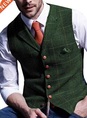 Mens Suit Vest Notched Plaid Wool Herringone Tweed Waistcoa