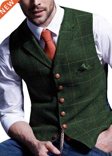 Mens Suit Vest Notched Plaid Wool Herringone Tweed Waistcoa