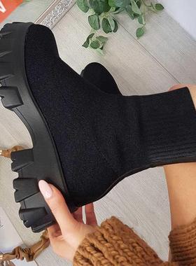 Botas de calcetín de punto para mujer, zapatos de suela gru