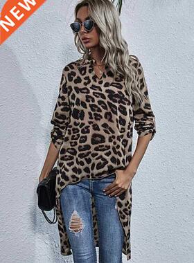 Women's Leopard Printed Long Blouses Irregular Shirt Short F