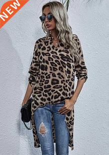 Women's Leopard Printed Long Blouses Irregular Shirt Short F