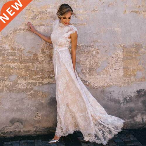 2020 Vintage Champagne Lace Bohemian Wedding Dress A Line Ca
