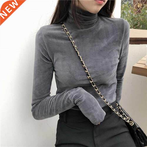 Women T-irt Soft Fleece Velvet Turtleneck irt Solid Lon