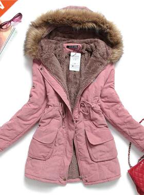 Pink Women Parkas Long Thick Warm Jacket Hooded Fur Lady Coa