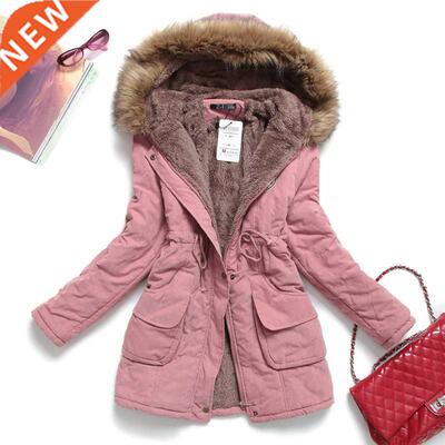 Pink Women Parkas Long Thick Warm Jacket Hooded Fur Lady Coa