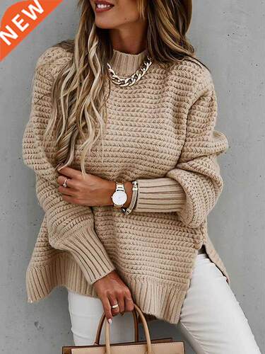 Autumn Winter Women Knitted Sweater Mock Neck Casual Loose B