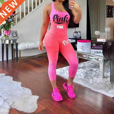 2 Pieces Sets Women Sporting Tracksuit 2019 Summer Pink Lett
