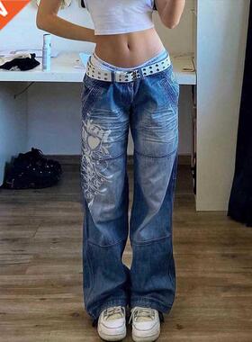 Set Gothic Jeans Women Y2K Print Spring Autumn Low Waist Lon
